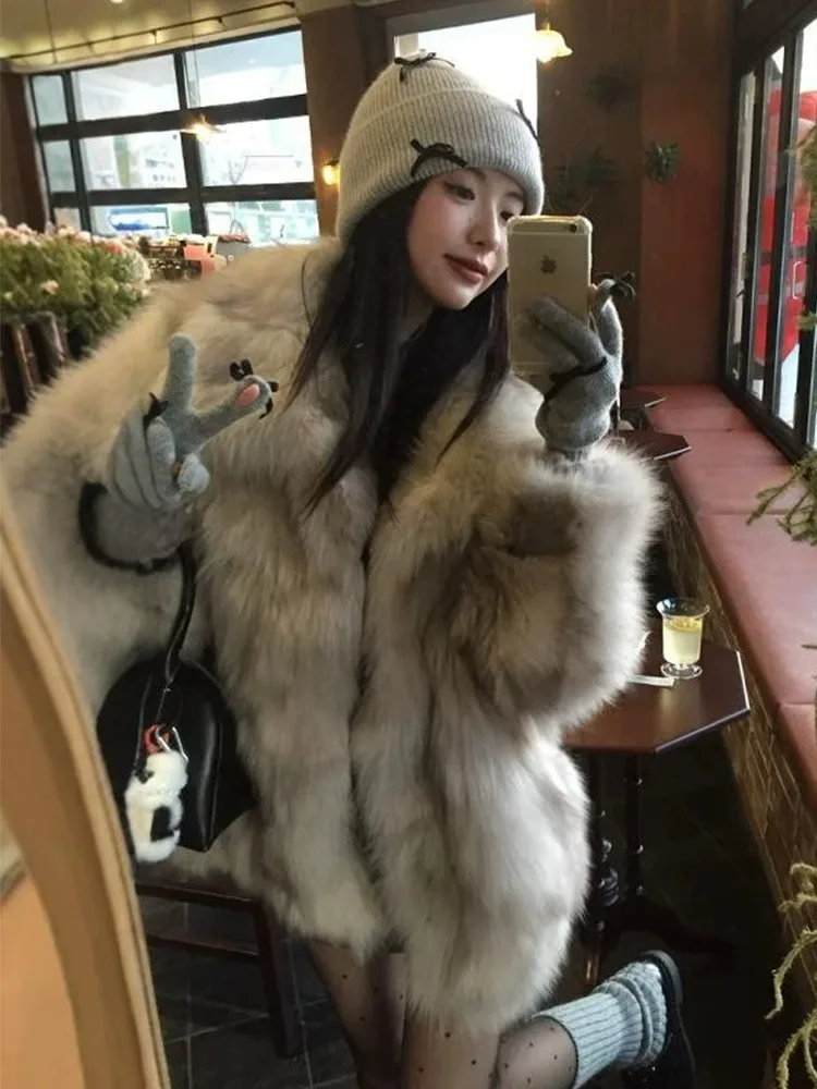 Women Faux Fur Fox Coats Mid Length Jackets Turn Down Collar Coat Thick Warm Y2k Streetwear Jacket Elegant Work Autumn Winter