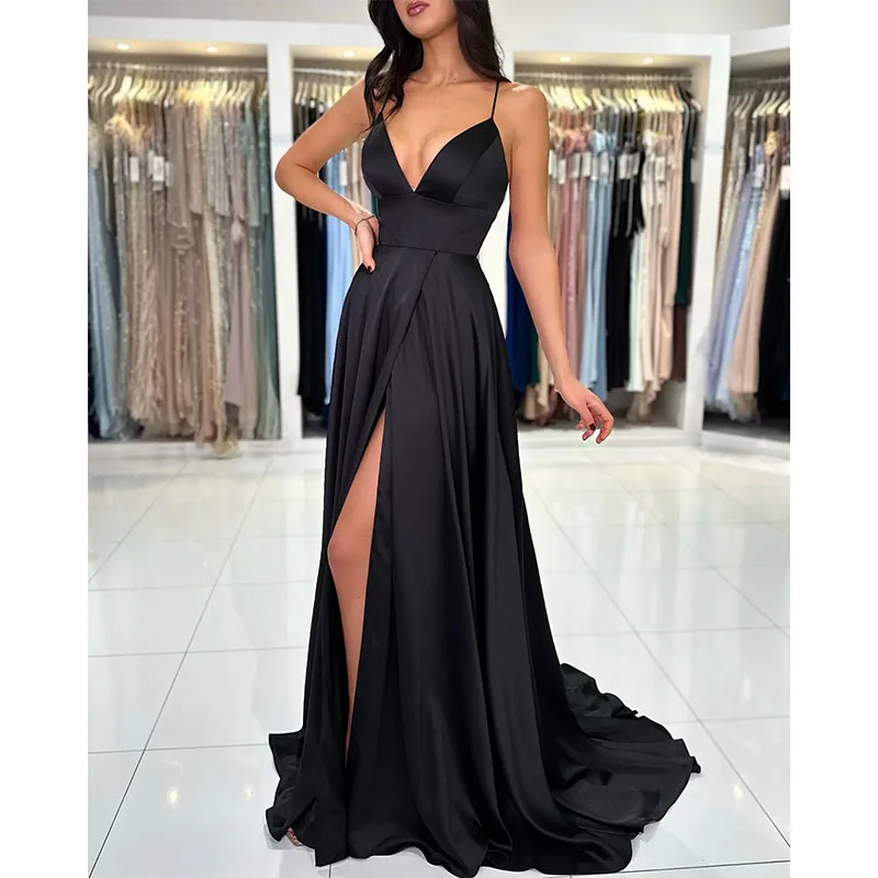 

Sexy Black A Line Prom Dress Spaghetti Evening Elegant Thigh Split V Neck Satin Bridesmaid Dresses For Special Occasions Dress