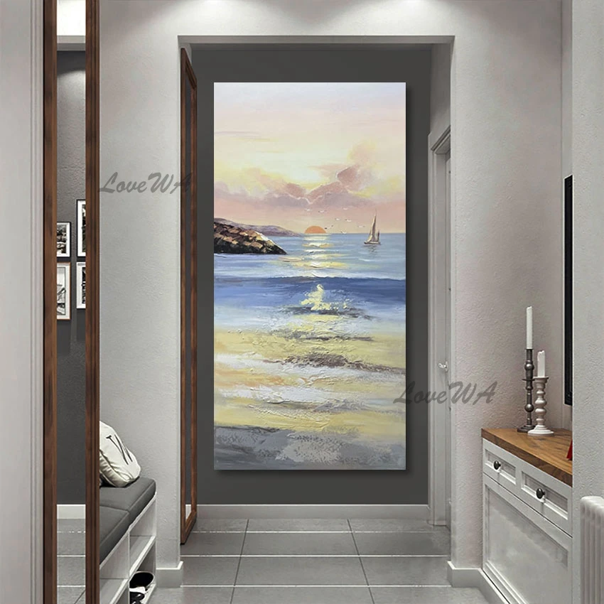 

100％ Hand Painted Abstract Sea Scenery Sunset Oil Painting, Artwork Unframed Modern Wall Paintings, Canvas Art Textured Picture