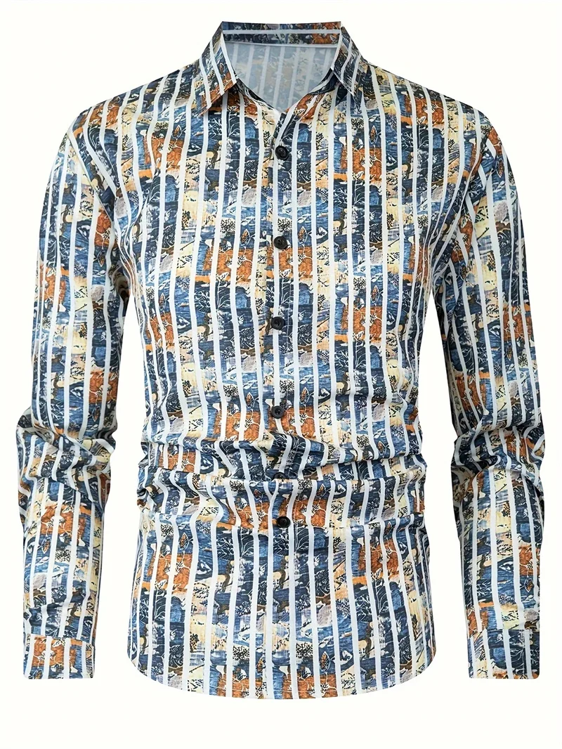 

2025 New Single breasted Men's Shirt Checkered Collar Long sleeved Shirt Men's Long sleeved Slim fit Top