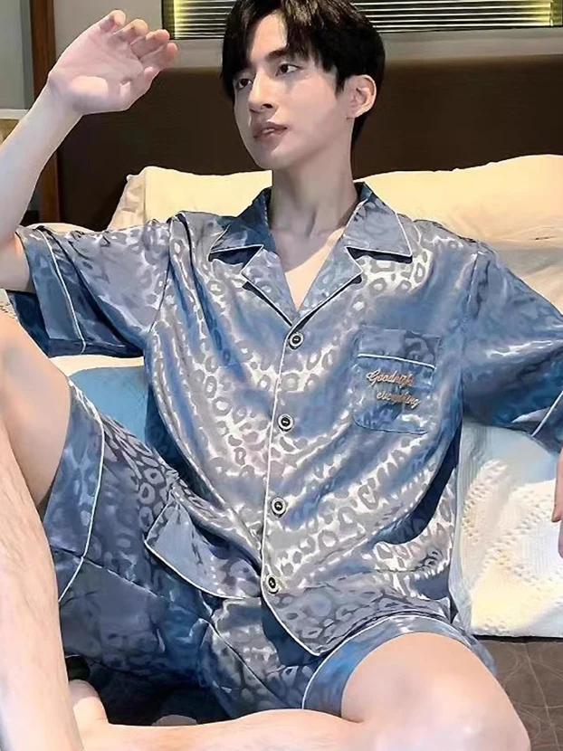 

DAIMELU Men's pajamas summer ice silk short-sleeved large size sleepwear male thin youth suit simple loungewear set boy nighty