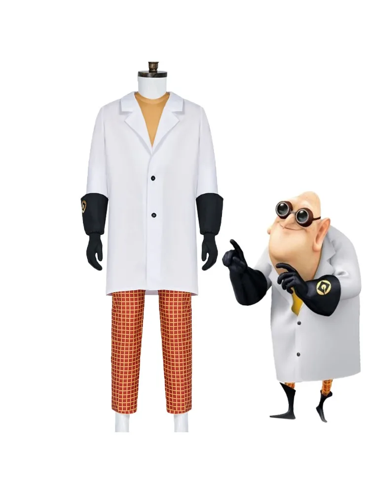 Anime Dr. Nefario Cosplay Kostuum Volwassen Witte Lange Jas Geruite Broek T-shirt en Handschoenen Set Halloween Kerst voor Man Kleding - afbeelding 2