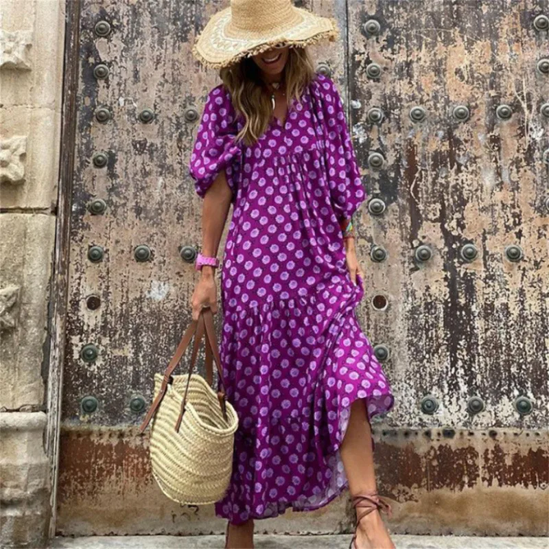 Summer Boho Floral Print Maxi Dress donna elegante Casual manica a sbuffo con coulisse scollo a V abiti larghi da spiaggia per le vacanze Party Vestido