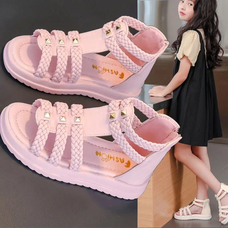 Girls Princess Sandals Open Toe Braided Solid Color High-top Simple Rivets Summer Hollow Flat Casual Shoes Kids Fashion Casual