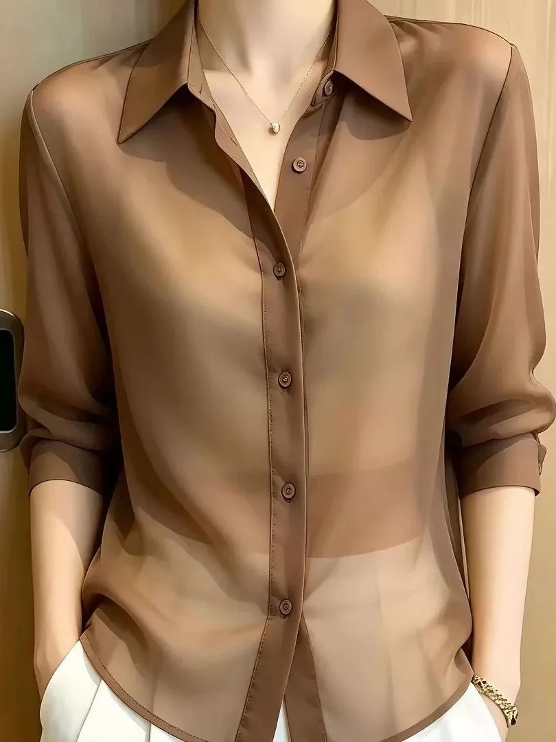 Summer 2026 Women's Lightweight Breathable Casual Style Shirt Seven-Quarter Sleeve Pure Color Collar Sun Protection Top