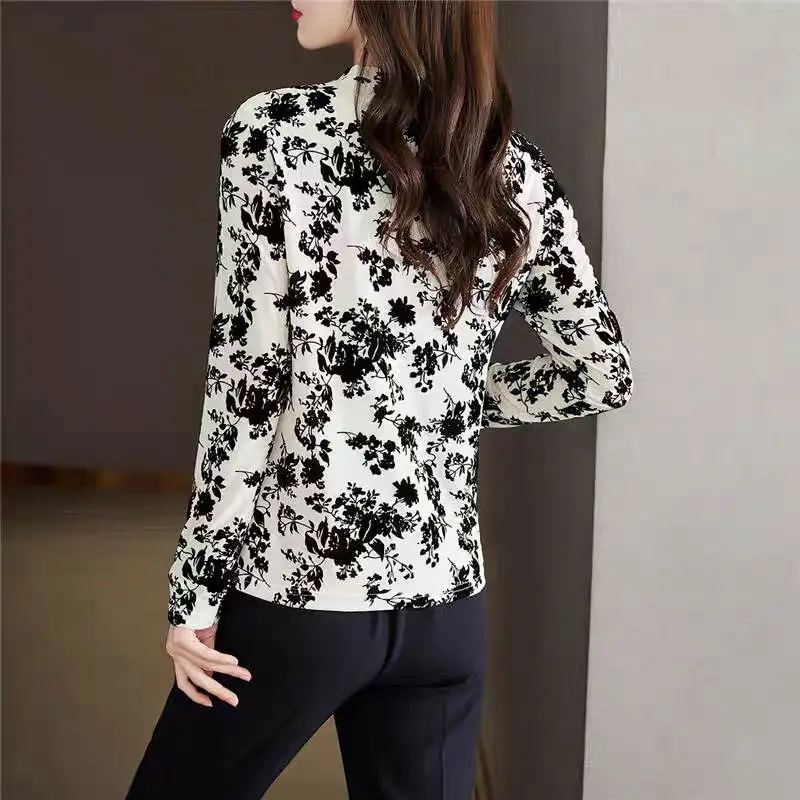 Spring Autum Print Elegant Fashion Chiffon Shirt Women Long-sleeved V-neck Lady Tops Aesthetic Chic All Match Pullover Female