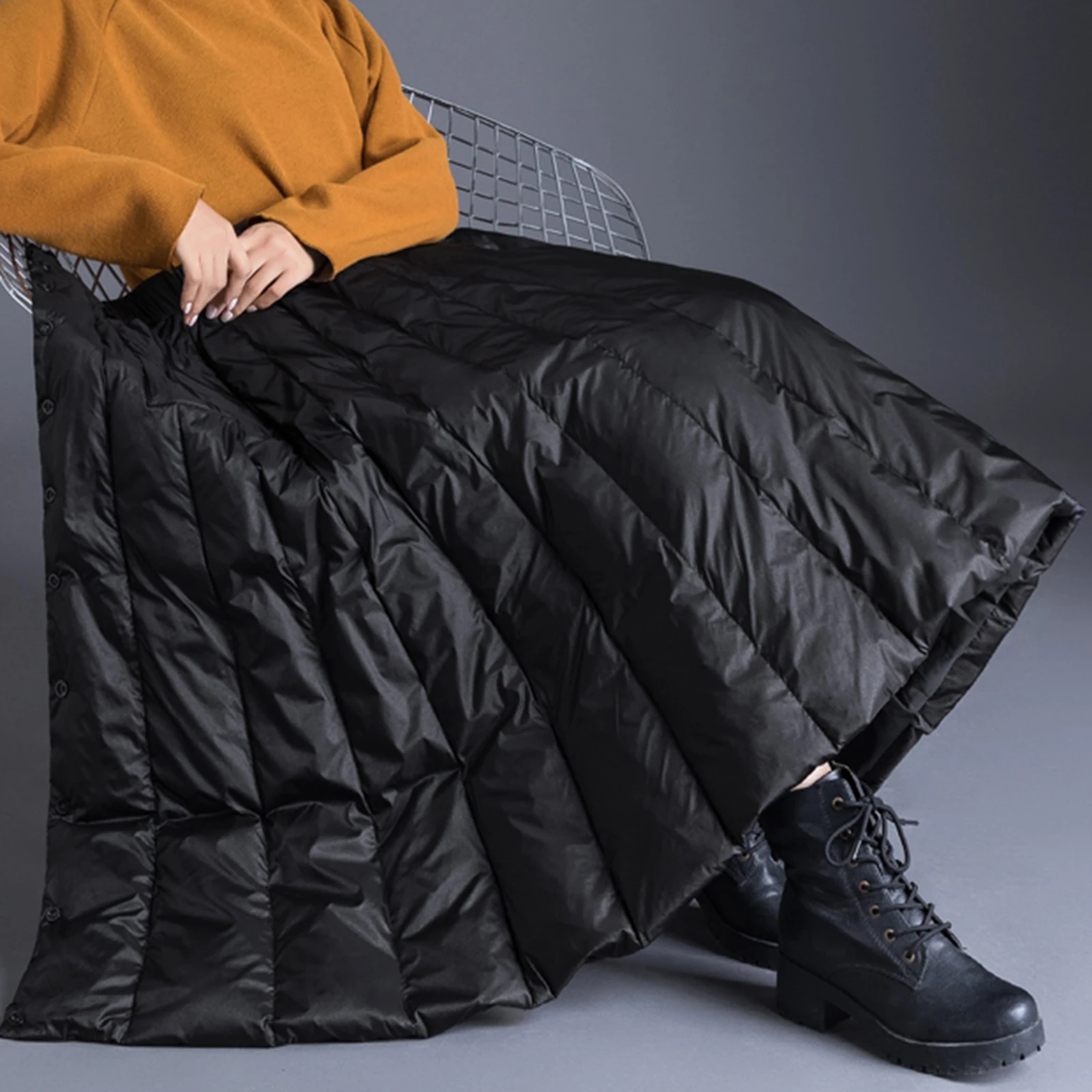 Duck Down Winter Maxi Skirts womens black High Waist Casual Long Dress Black