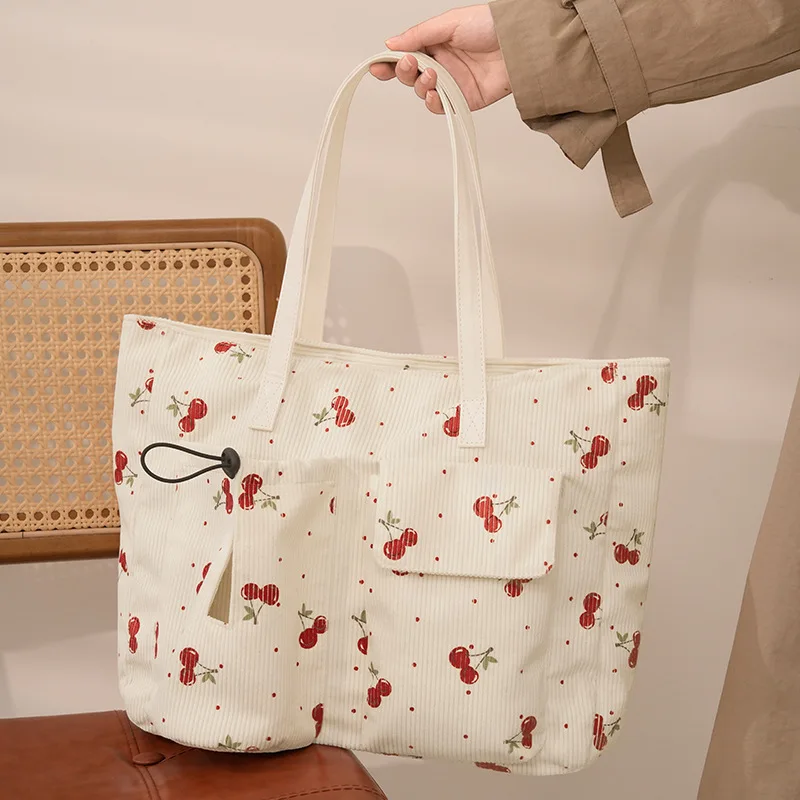 

Corduroy Cherry Print Large Capacity Tote Bag Women Multi Pocket Drawstring Shoulder Handbag