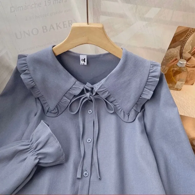 5 Colors Shirts Women Temper Pure Sweet Casual Ruffles Korean Style Baggy Tender Classic Peter Pan Collar Aesthetic Harajuku New