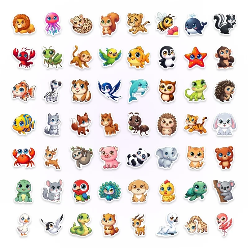50PCS Cartoon Bright Eyed Animals PVC Sticker Aesthetic Colored DIY Sticky Decoration Scrapbooking Hand Accounting Supplies - view 3