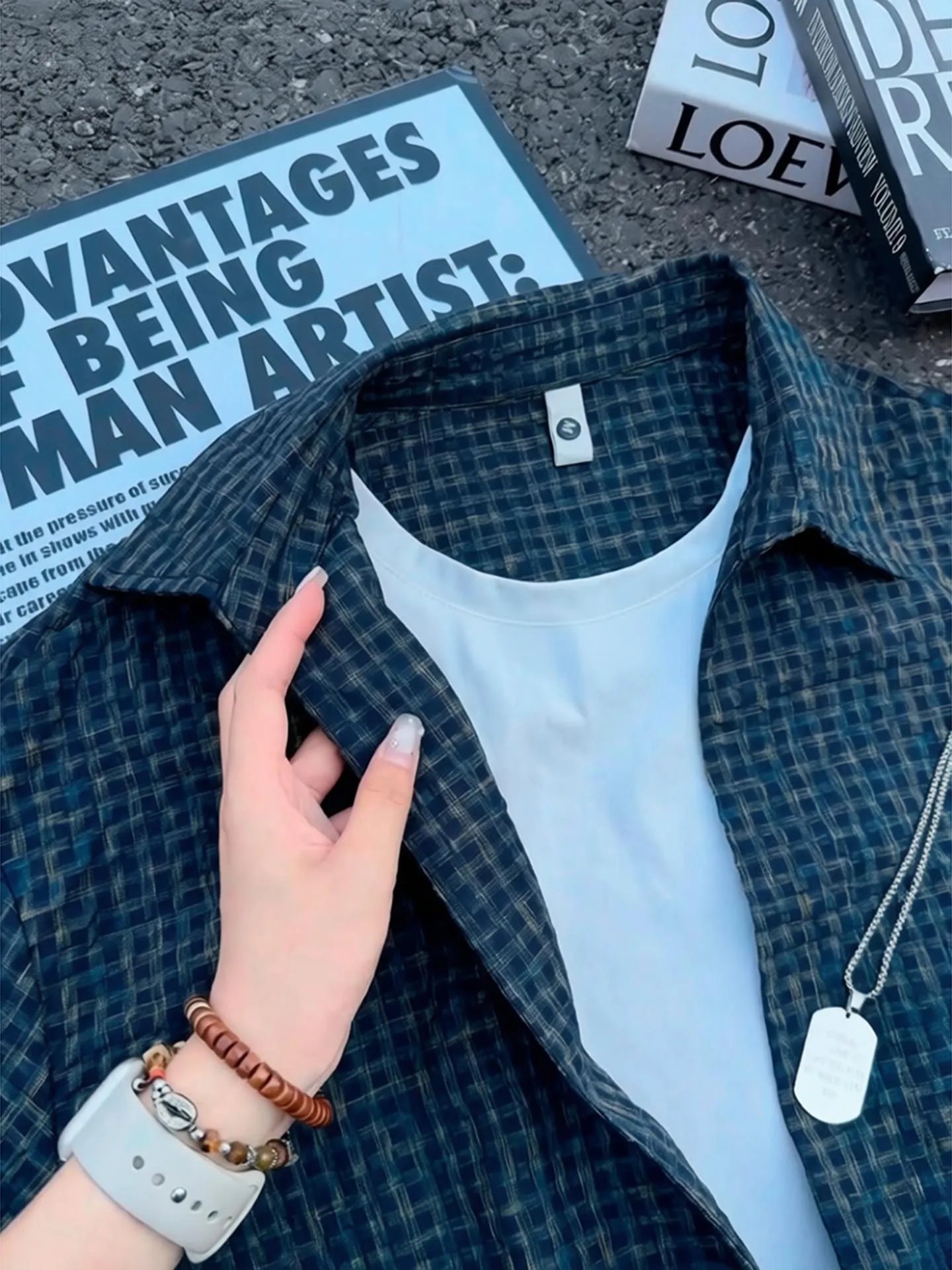 Neutal Style Bubble Short Sleeve Shirt Men Women Checkered Pattern Drapey Collar Shoulder Length Half Sleeve Casual Wear