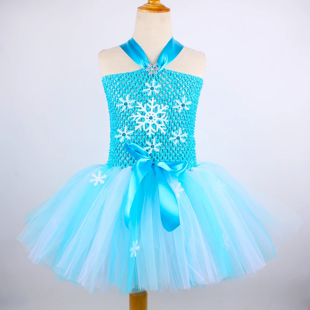 Elsa Tutu Dress Costume for Girls Fancy Princess Dress Up Clothes Sky Blue Snowflake Kids Halloween Birthday Party Tulle Dresses