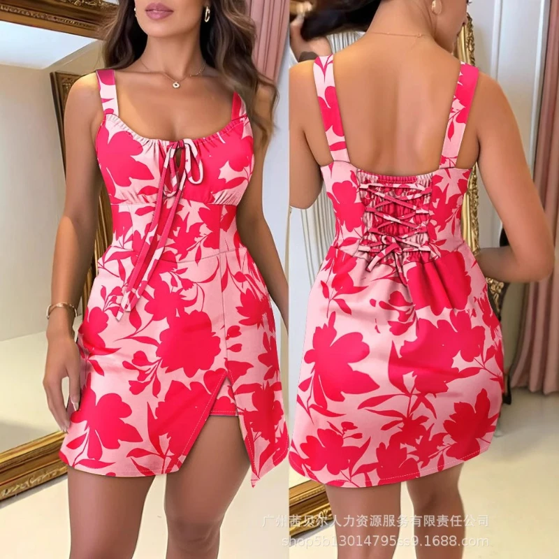 

Playsuits Shorts Women Print One Piece Sling Sleeveless Overalls Casual Backless Lace Up Y2k Streetwear Rompers Summer 2025