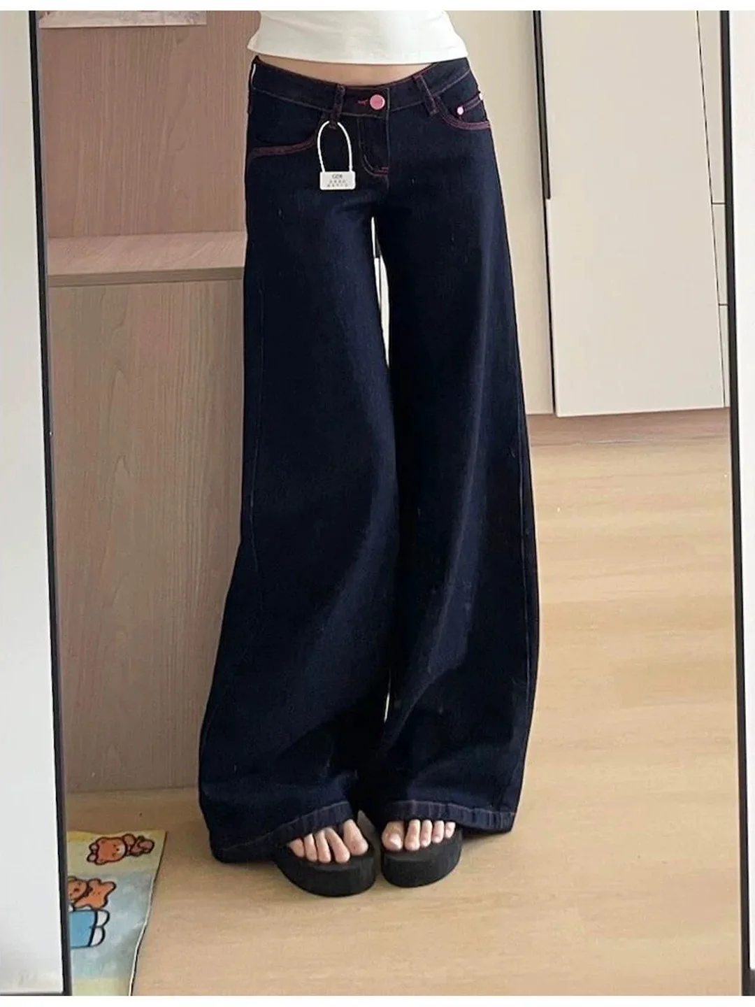 

Low Waist Wide Leg Denim Jeans Women's Summer Design Spicy Girl Color Block Loose Drapey Versatile Long Trousers Trendy