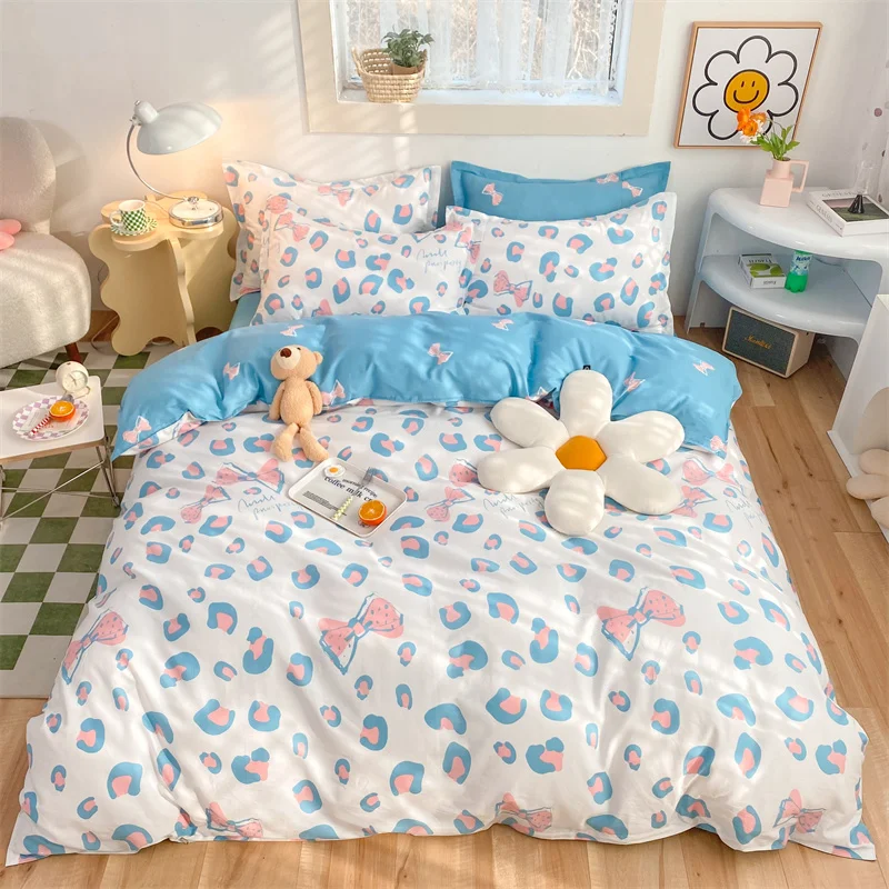 3PCS Pink Leopard Cotton Duvet Cover Queen, Teen Girls Bedding, Cheetah Print Blue Comforter Covers Cute Bedroom Decor for Women