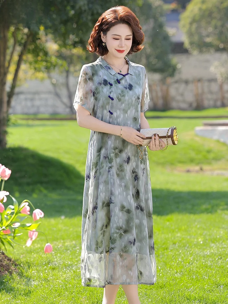 お母さん向け夏服-半袖シャントン改良チャイナドレス-中年女性服-2025年新作-中高年夏服