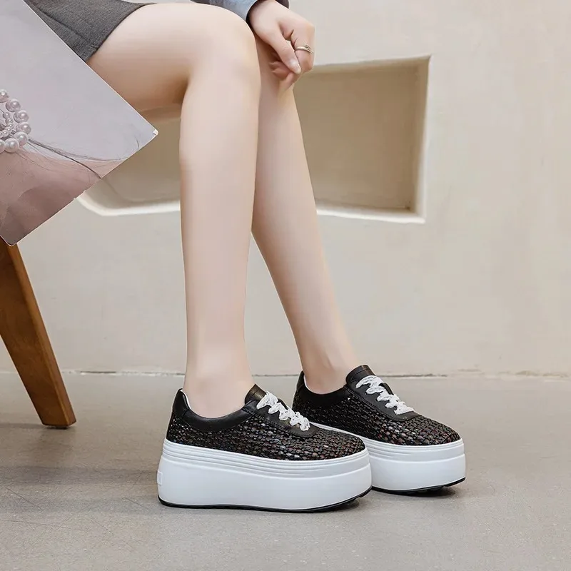 8cm Air Mesh Weave Microfiber Leather High Brand Platform Wedge Fashion Summer Comfy Shoes Sandals Women Chunky Sneaker