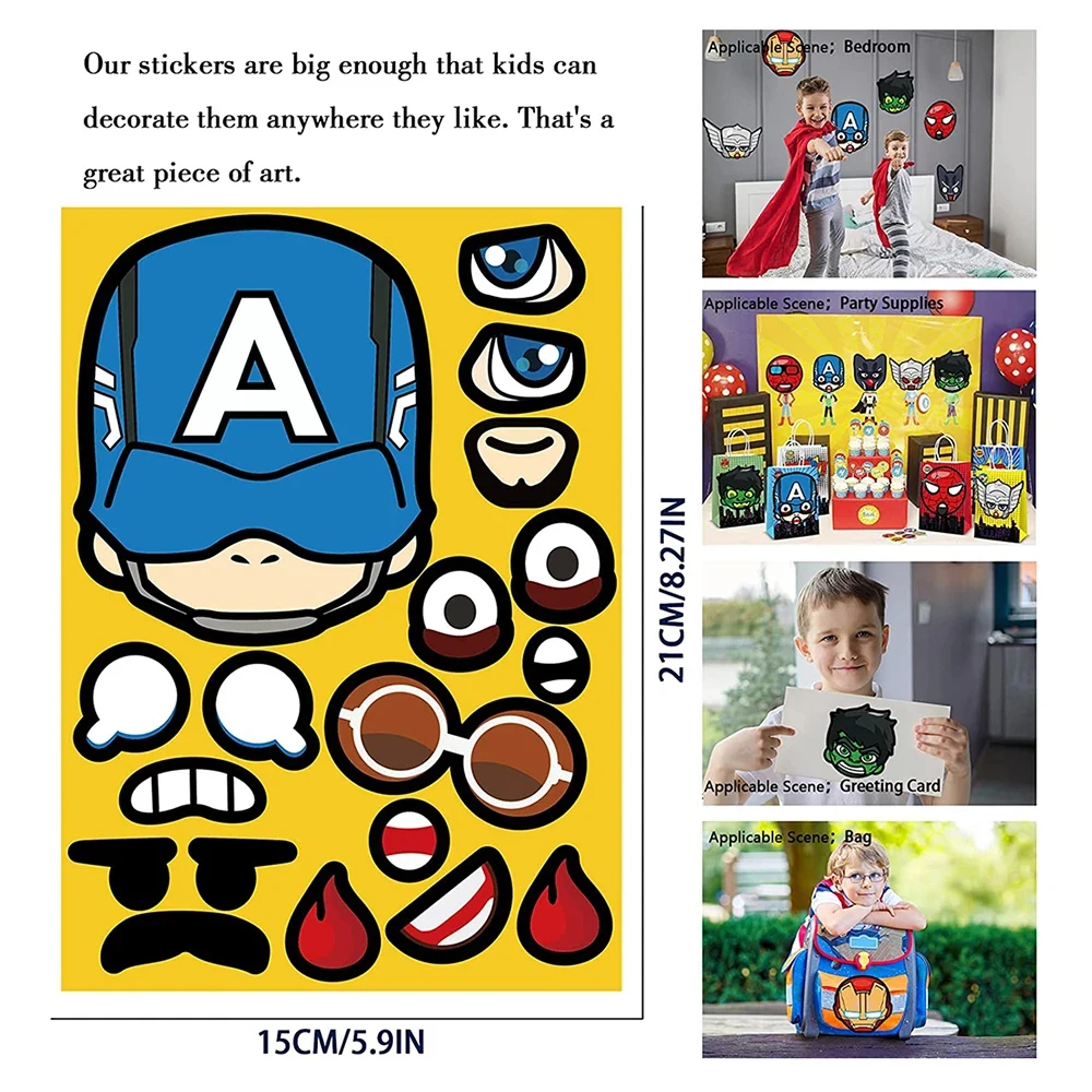 6/12Sheets Disney Marvel The Avengers Super Hero Puzzle Stickers Make A Face Assemble Jigsaw Kids Education Toy Sticker Games