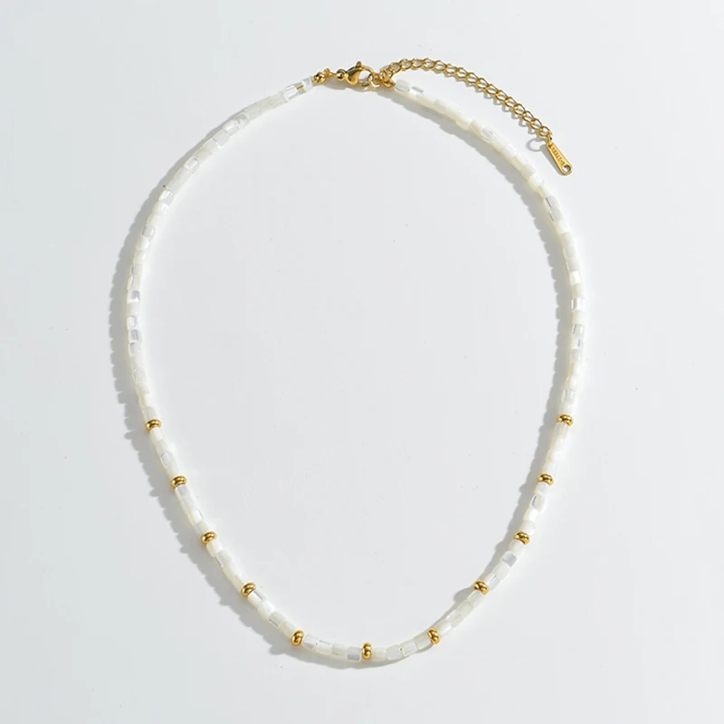 Letdiffery Fashion Natural Shell Bamboo Link Necklace for Women Stainless Steel Golden Bead Chain Choker Party Jewelry Gifts