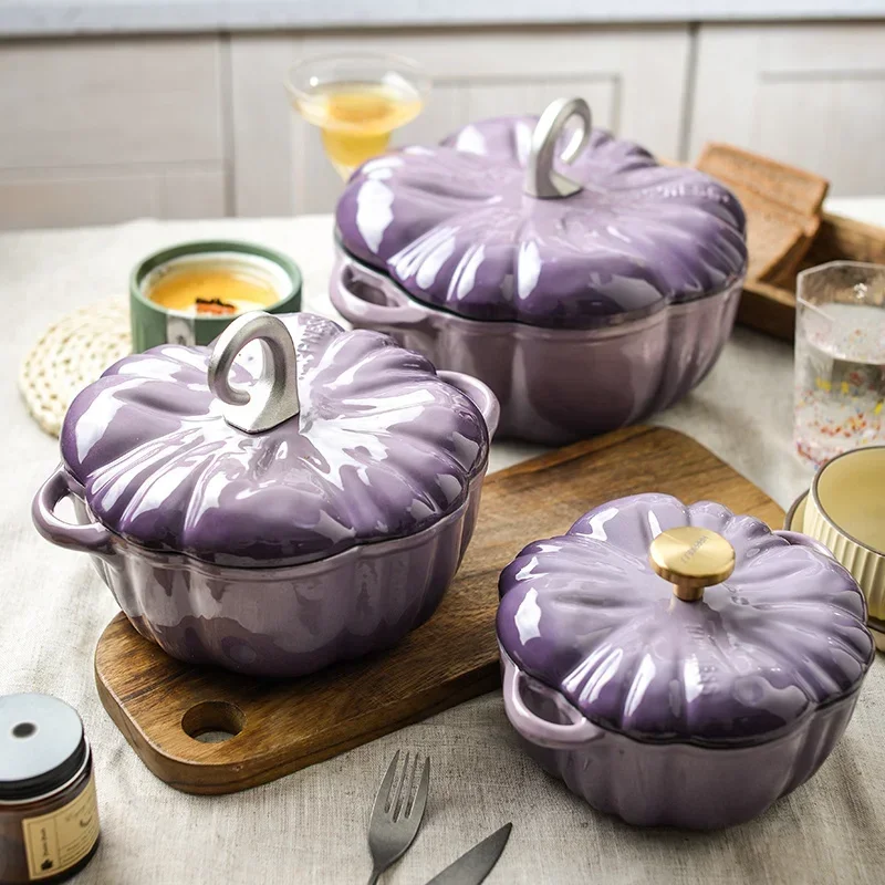 Cast Iron Pumpkin Enamel Pot, Multi-Functional, Induction and Gas Compatible, Professional Household Soup Pot, Durable Cookware