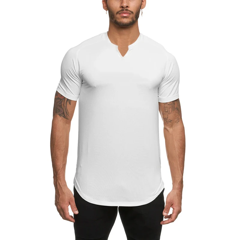 Gym Fitness Bodybuilding Short Sleeve T-shirts Mens Casual V-neck Milk Silk Sport Shirts Summer Stretch Tight Quick-dry Clothing