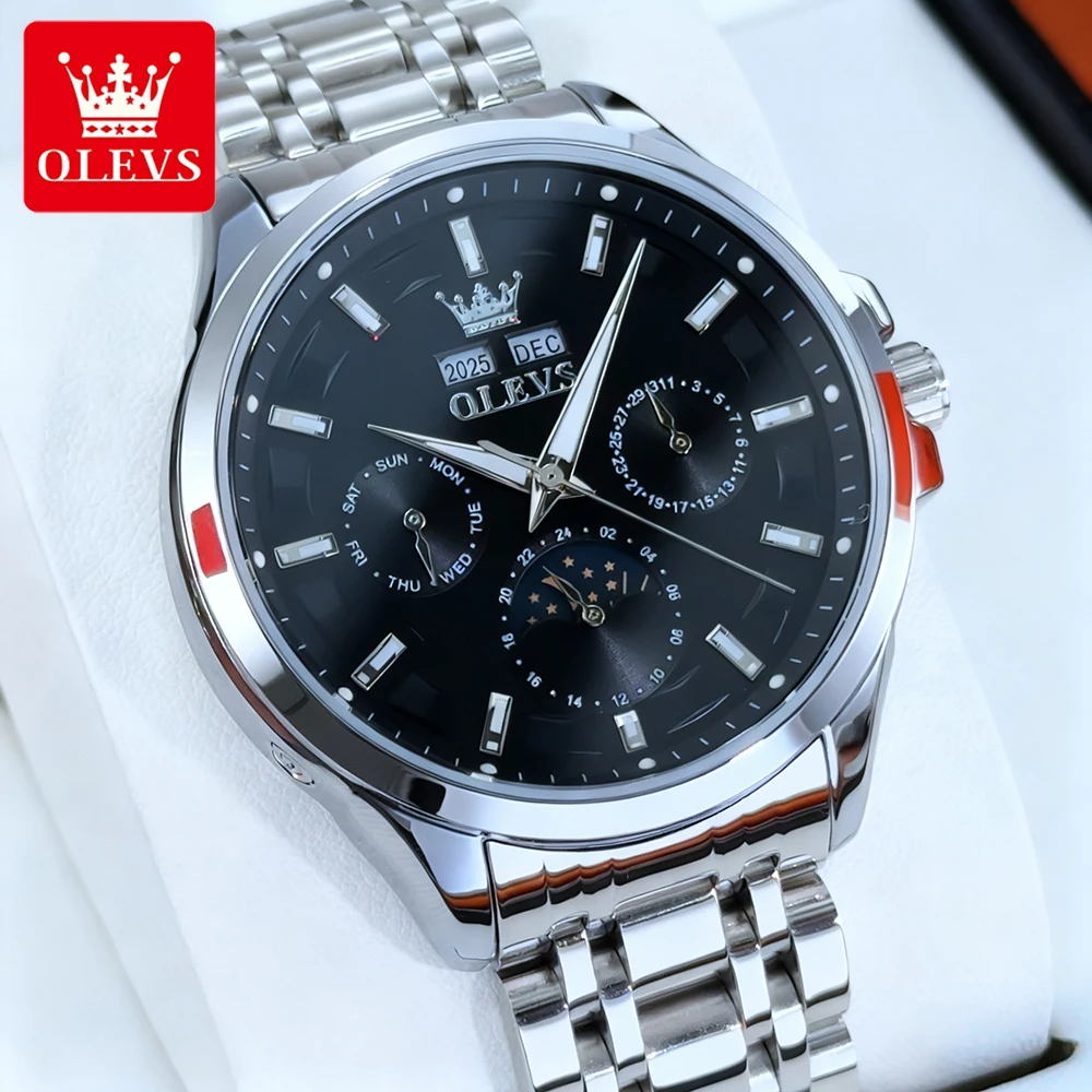 OLEVS Top Brand Men's Watches Trend Fashion Fine Steel Original Automatic Mechanical Wristwatch Moon Phase Calendar Luminous New