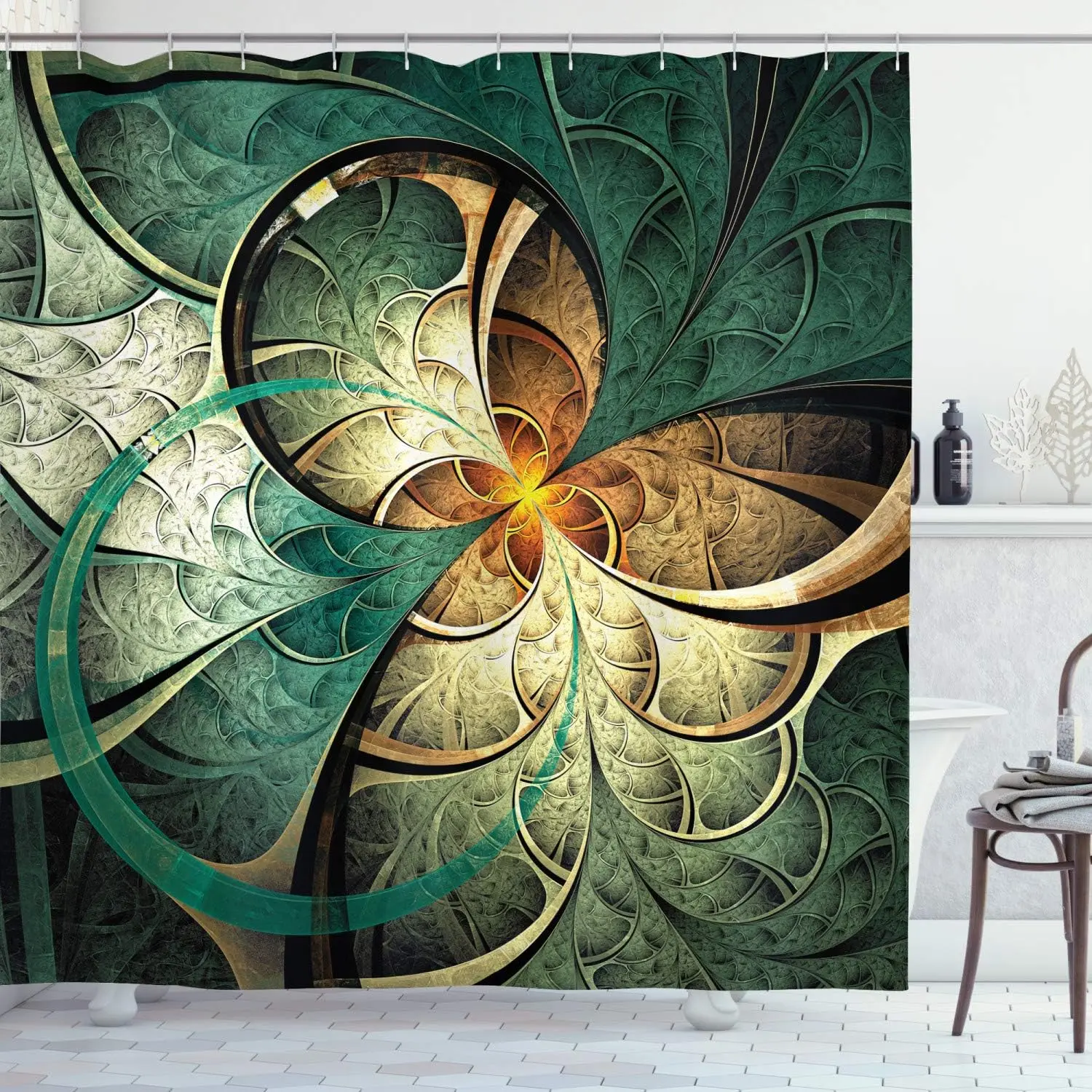 

Golden Green Fractal Shower Curtain Mandala Style Spiral Art Geometric Pattern Waterproof Bath Linen Contemporary Home Decor
