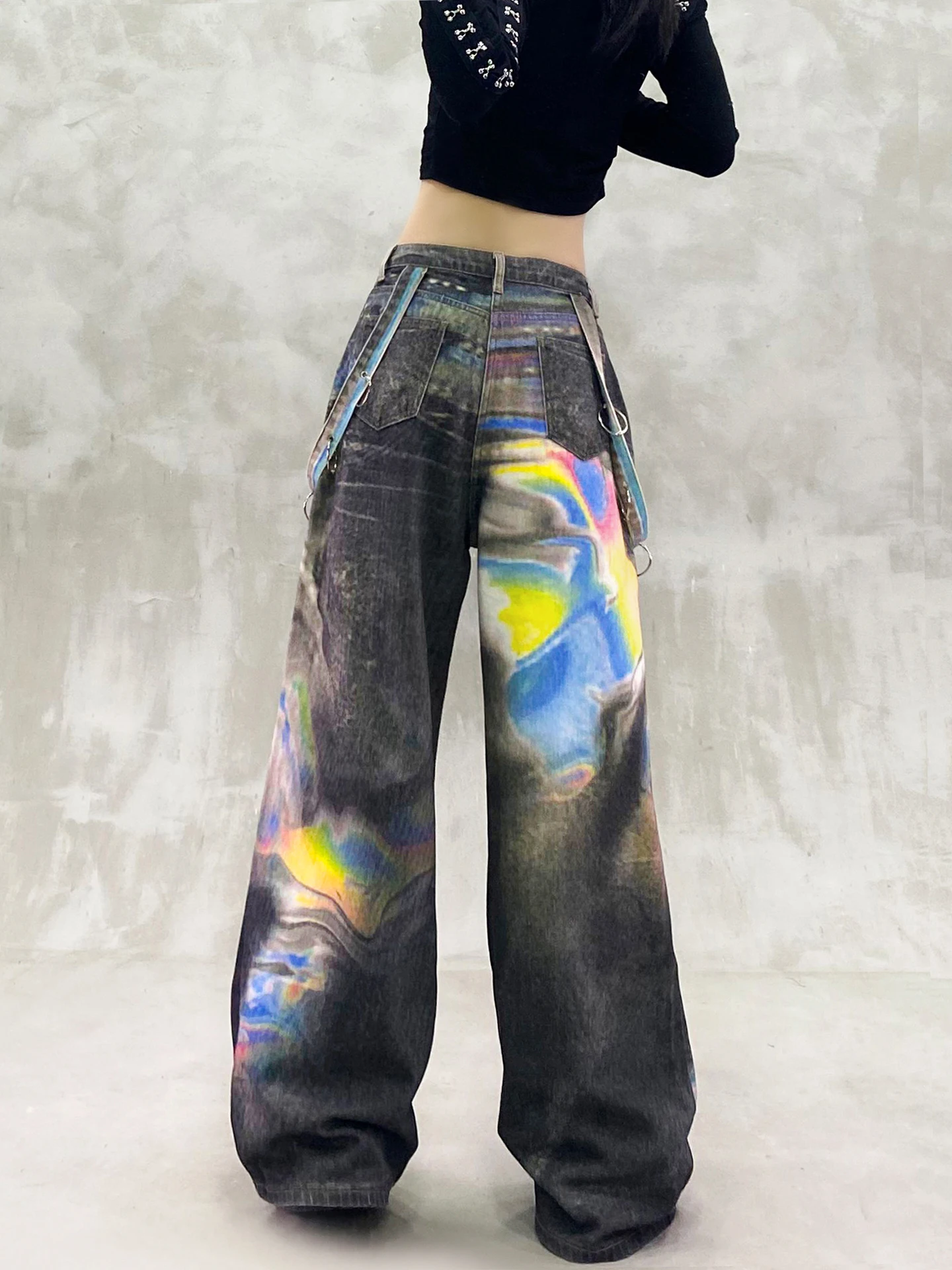 2025 Summer and Autumn Colorful Printed Design Casual Floor-Length Jeans High Waist Loose Slimming Versatile Wide-Leg Pants