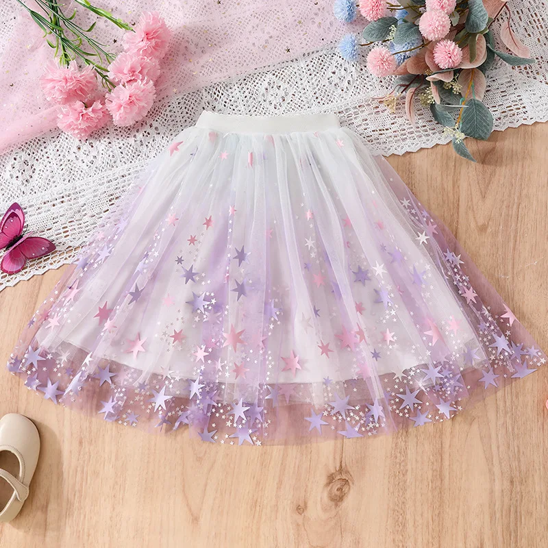 Girls Dream Purple Star Gradient Skirt 2024 Summer Elegant Long Skirt Teen Girls Children Fluffy Princess Skirt