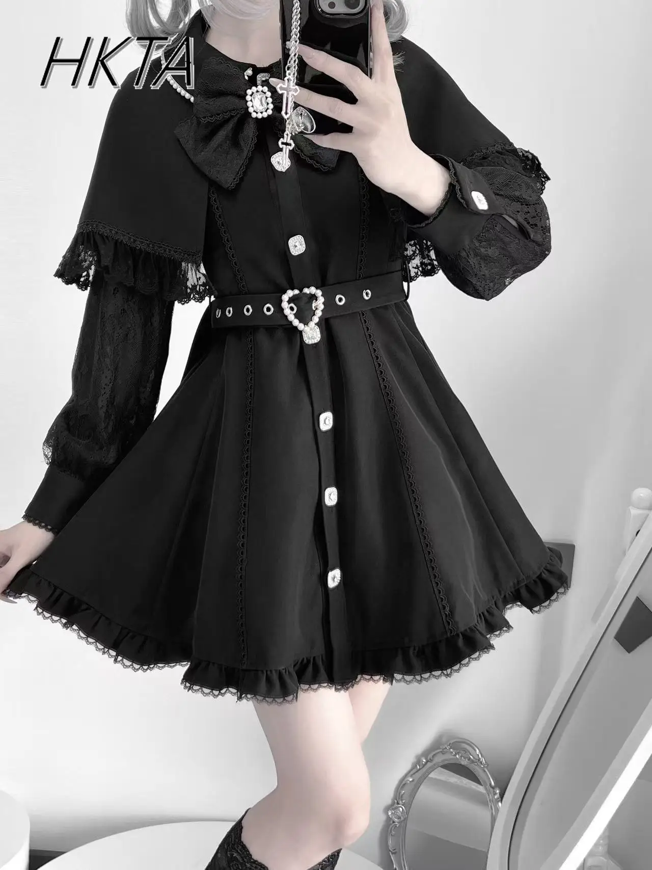 

Japanese Pearl Bow Neck Lace Cape Long Sleeve Dress Women Mines Mass Production Sweet Cute Kawaii Belt Slim Waist Lolita Dress