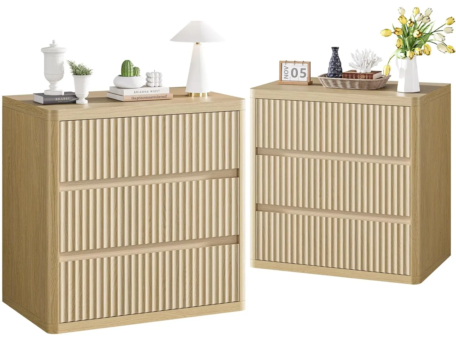Fluted Nightstand Set of 2 Oak 3-Drawer Bedside End Table Mid Century Modern Curved Handleless 25