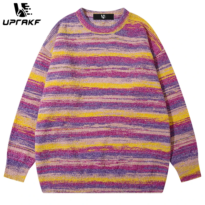 

UPRAKF Striped Contrast Color Sweater Fashion Knit Autumn Loose All-Match Pullover Winter Tops