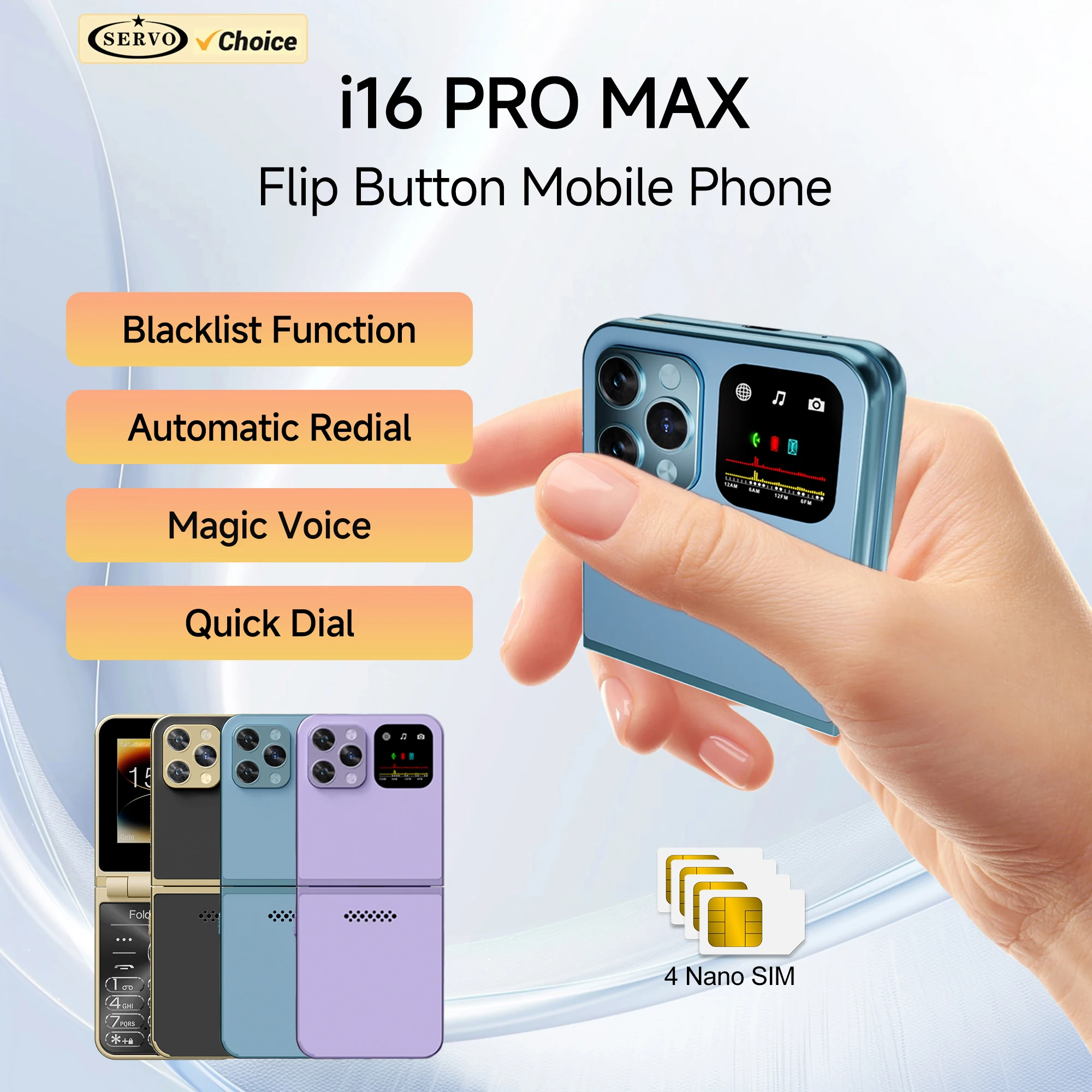 SERVO i16 Pro Max 4 SIM Card Flip Mobile Phone 2.6