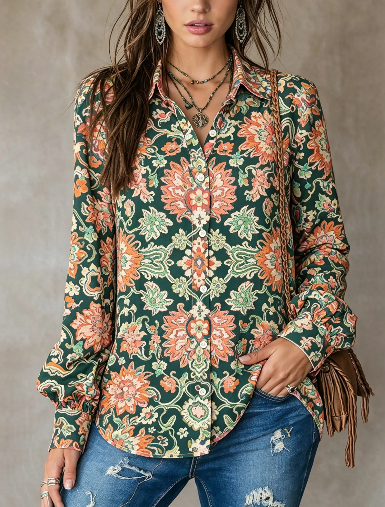 

Women's Lapel Long Sleeve Vintage Floral Print Button-Up Shirt, Casual Boho Style Regular Tops for Spring Summer Daily Wear