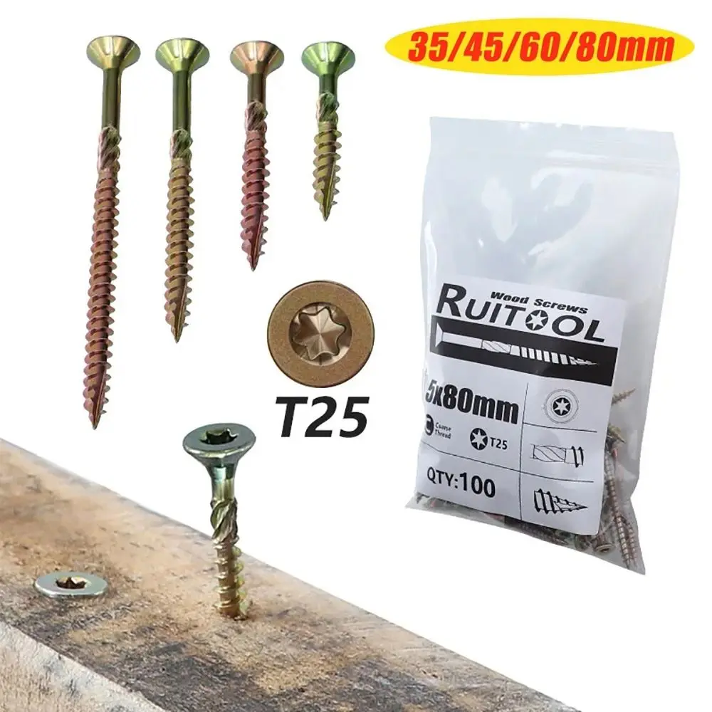100Pcs/Pack New 35mm 45mm 60mm 80mm Self-tapping Screw Galvanized M5 Flat Head T25 Screws Torx Woodworking Screws Hardware Tools