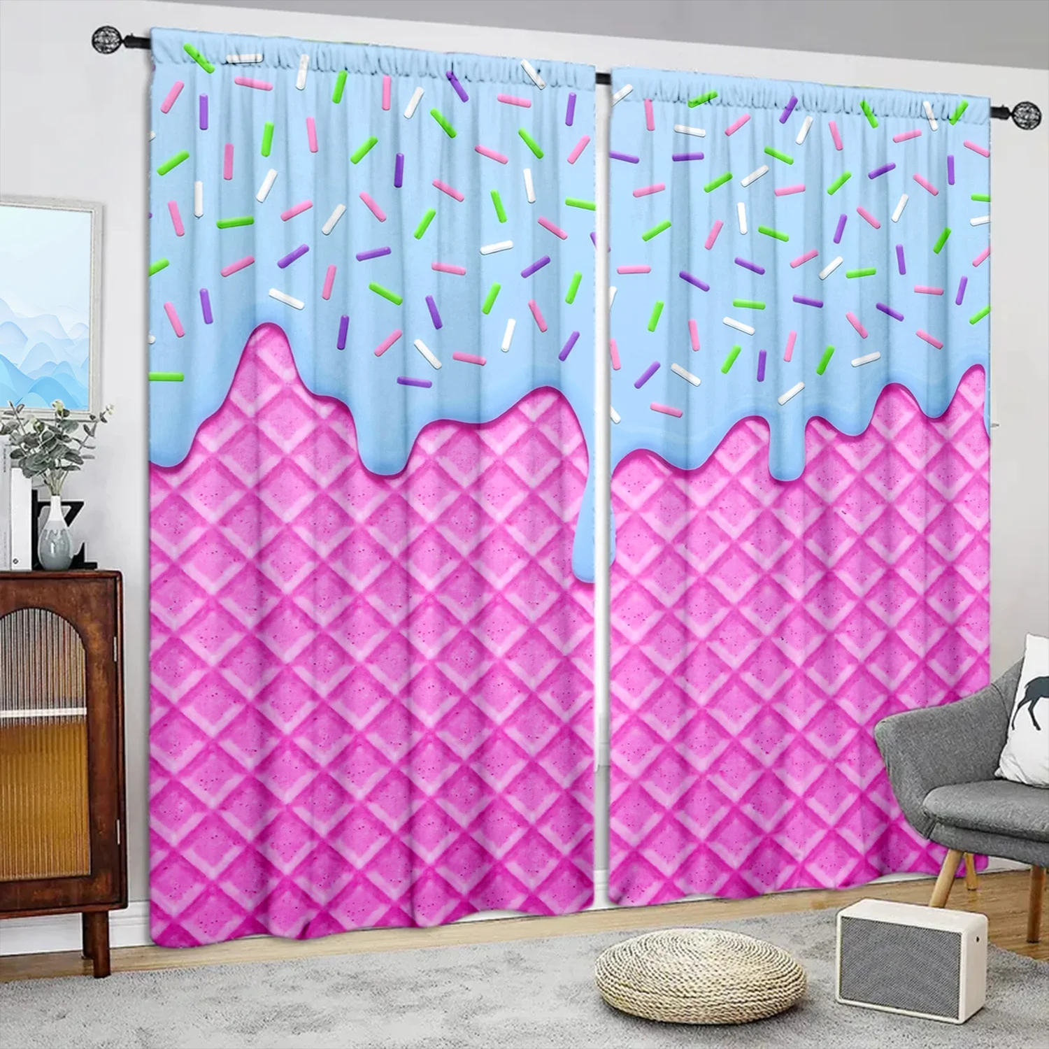 Sweet Ice Cream Cone Print Curtains, Pink Waffle & Blue Sprinkles Pattern Blackout Drapes for Kids Room, Cute Candy Home Decor