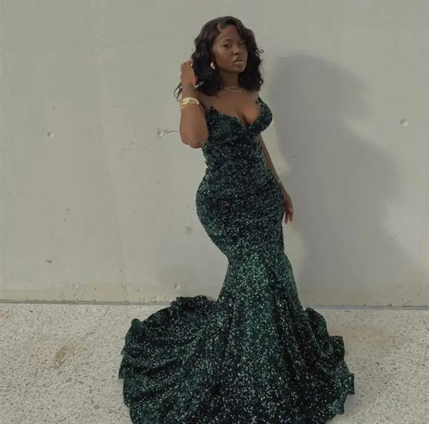 

Charming Green Sequins 2023 Evening Dresses Mermaid Sweetheart Neck Plus Size Formal Long Prom Gowns Dubai African Maxi Dress