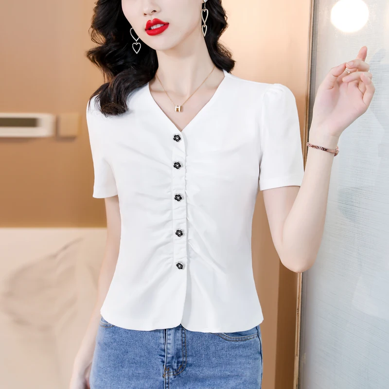 Cotton T-shirt Short Sleeved Women's Blouse2025 Summer New Item Slimming V-neck Women's Shirt OL Single Breasted Female Clothing