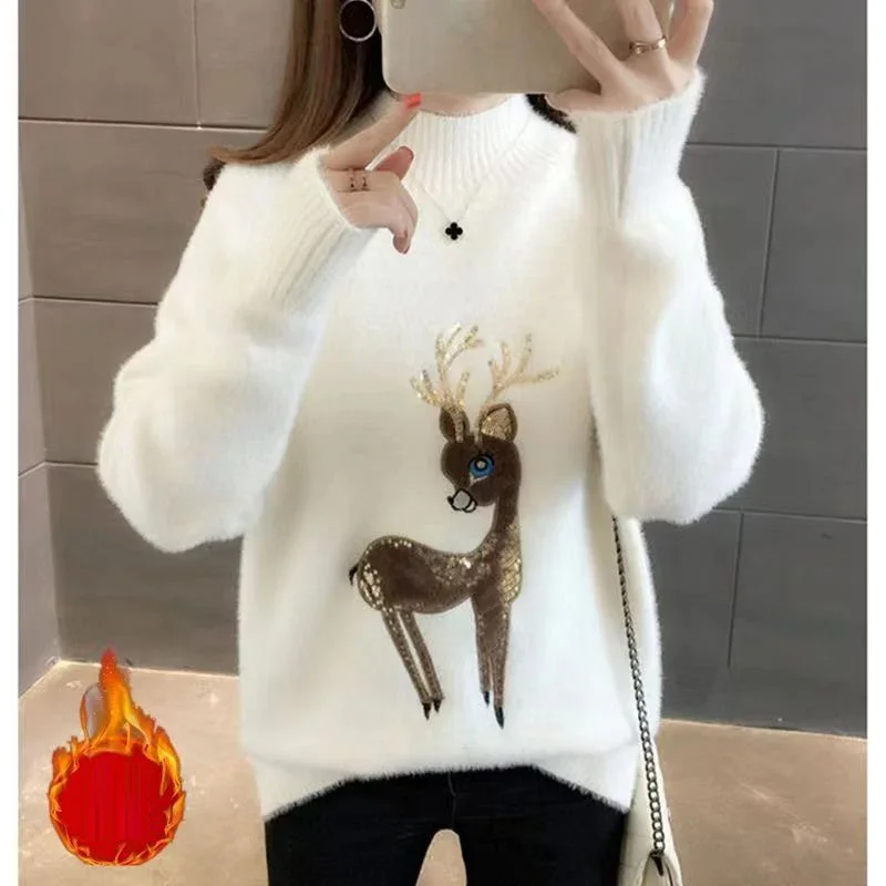 QNPQYX Cute Women Sweater Korean Reindeer Ugly Christmas Sweater Winter Warm Sweaters Fluffy Cashmere Jumper Turtleneck Pullover