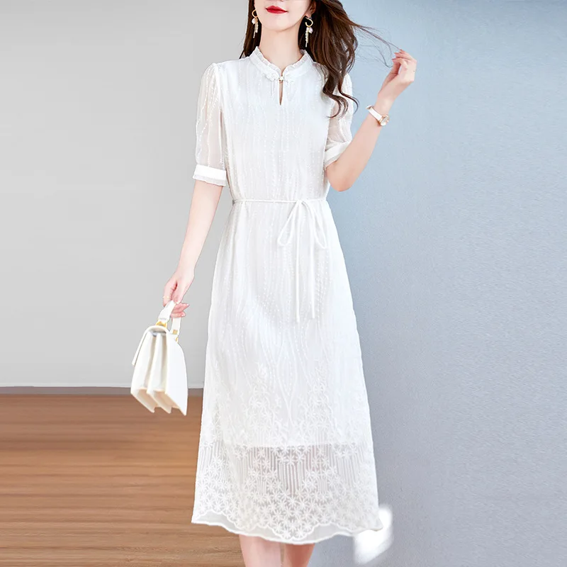 Plus size plain silk positioning embroidery silk crinkle dress female 2024 Summer new retro plate mouth silk skirt