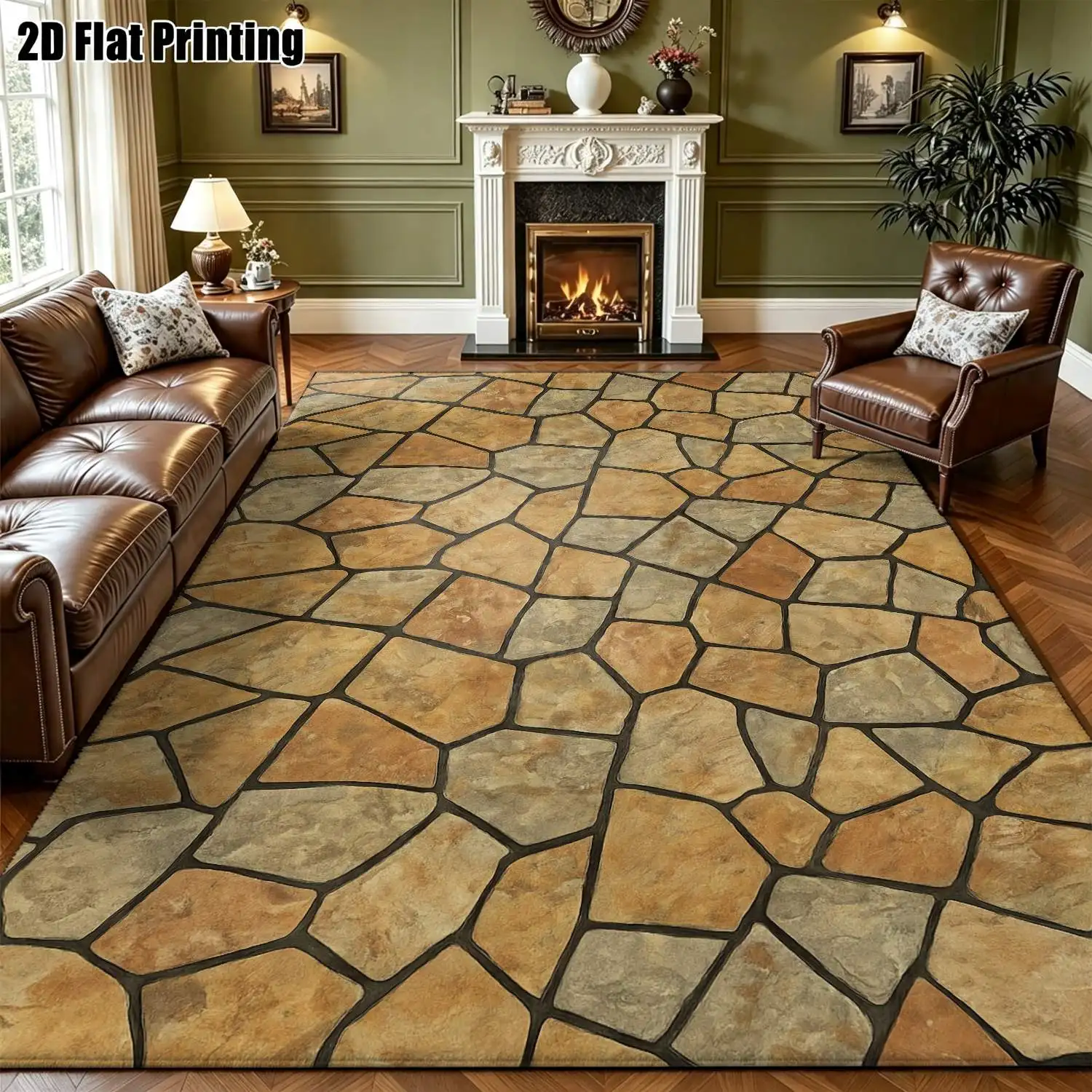 1Pc 2D Printed Vintage Geometric Patchwork Carpet, European-Style, Machine Washable, Multi-Size, for Entrance/Dining/Living Room/Bedroom Home Decor