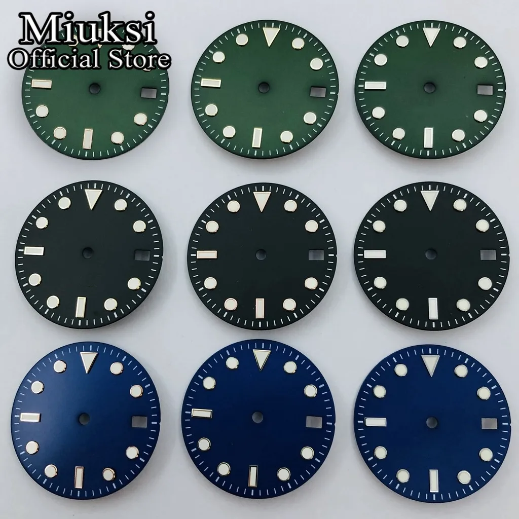 Miuksi 29mm black green blue watch dial green luminous fit NH35 movement