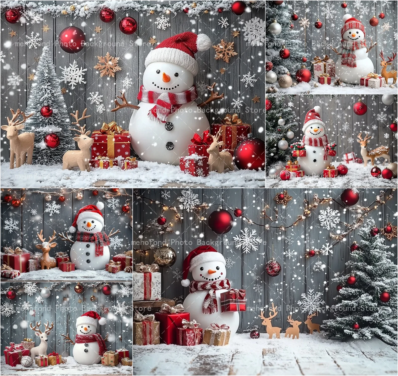 Mehofond Photography Background Winter Christmas Snowman Deer Snowflake Red Ball Ornament Kids Family Portrait Backdrop Decor