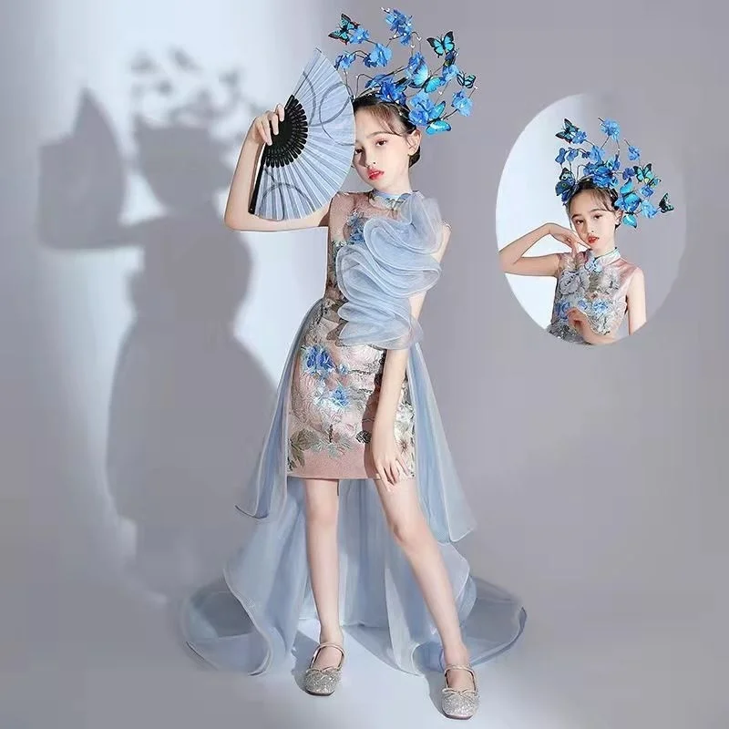 China-Chic Girls' Cheongsam Chinoiserie Style Catwalk Children's Wear Performance Clothes T Stage Fashion Pop Tuxedo Show Dress