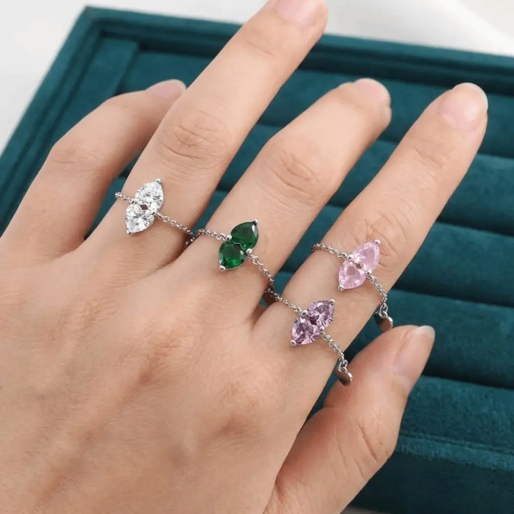 Anti-rust Double Heart Adjustable Chain Ring Exquisite Elegant Zirconia Chain Rings Simple Stackable Finger Jewelry Girls Gift