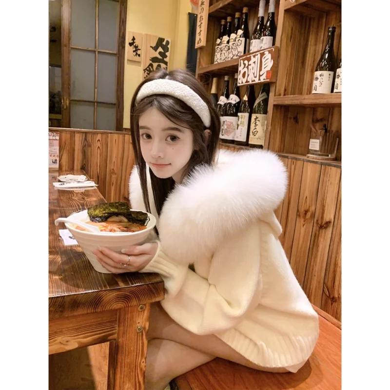 Women Faux Fur Hood Knit Zip Up Jacket Long Sleeve Cropped Fluffy Sweet Casual Warm Cardigan Coat
