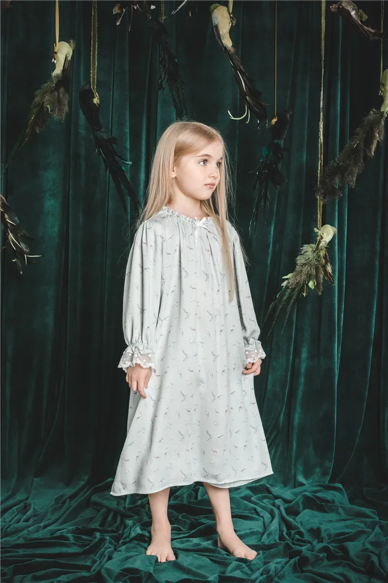 Girls Pajamas Set 2025 Spring And Summer New Blue Lace Lace Children's Home Clothing Cotton Printed Pajamas Children's Clothing