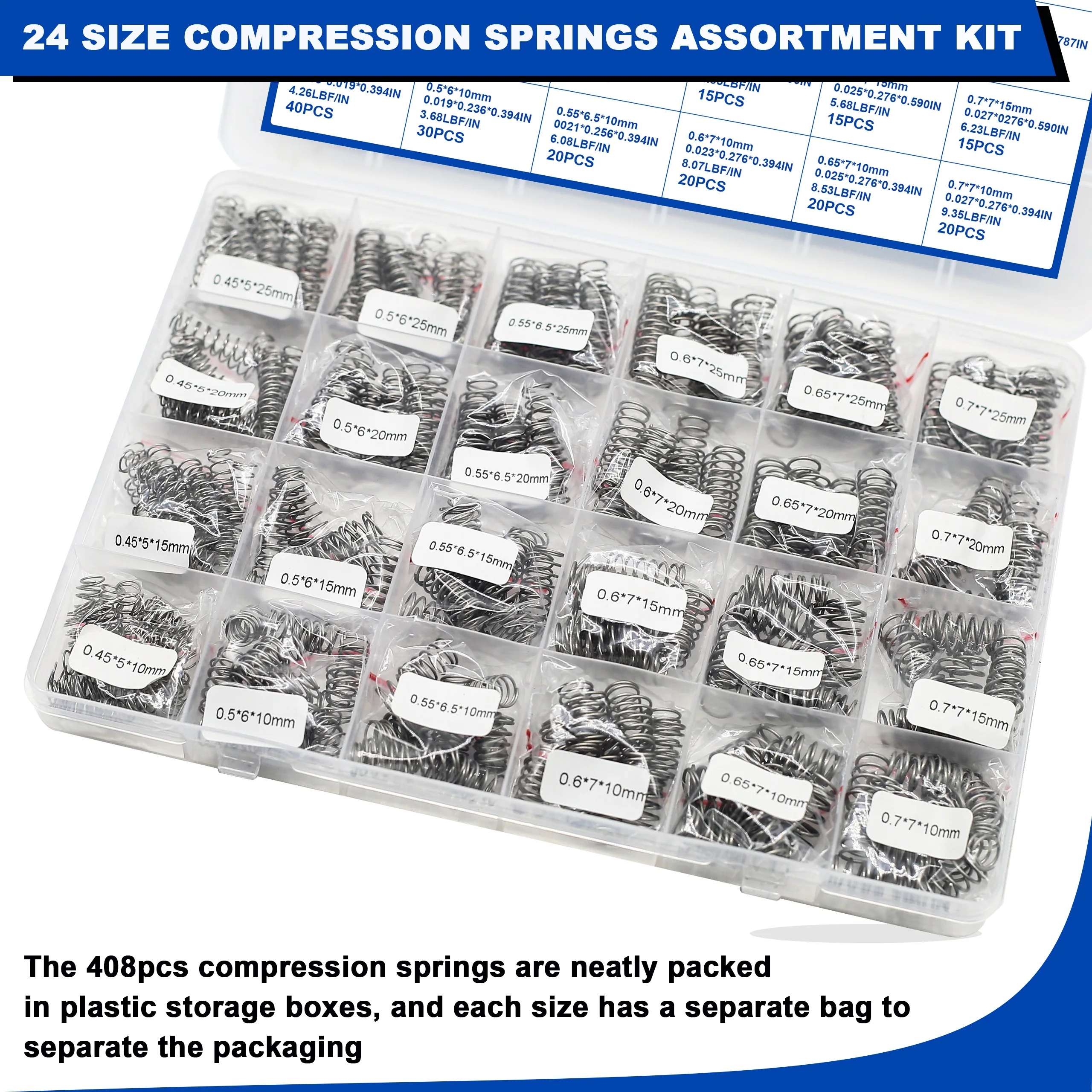 408pcs Mechanical Compression Springs Kit, 24 Sizes Stainless Steel Small Springs Pen Springs and Mini Springs（Length:10-25mm)