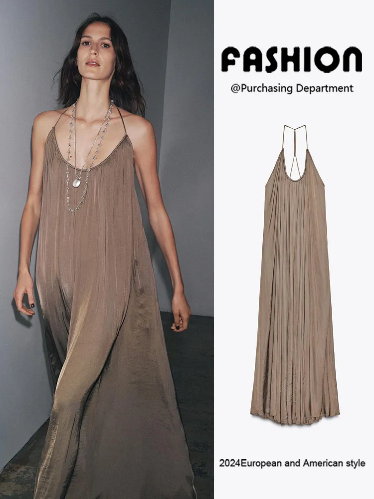 

Faionable Long Satin Feel Dr ZA2025 Summer New Women's High Waist Gown Svel Ne Hanging Sle Wedding Evening Dr