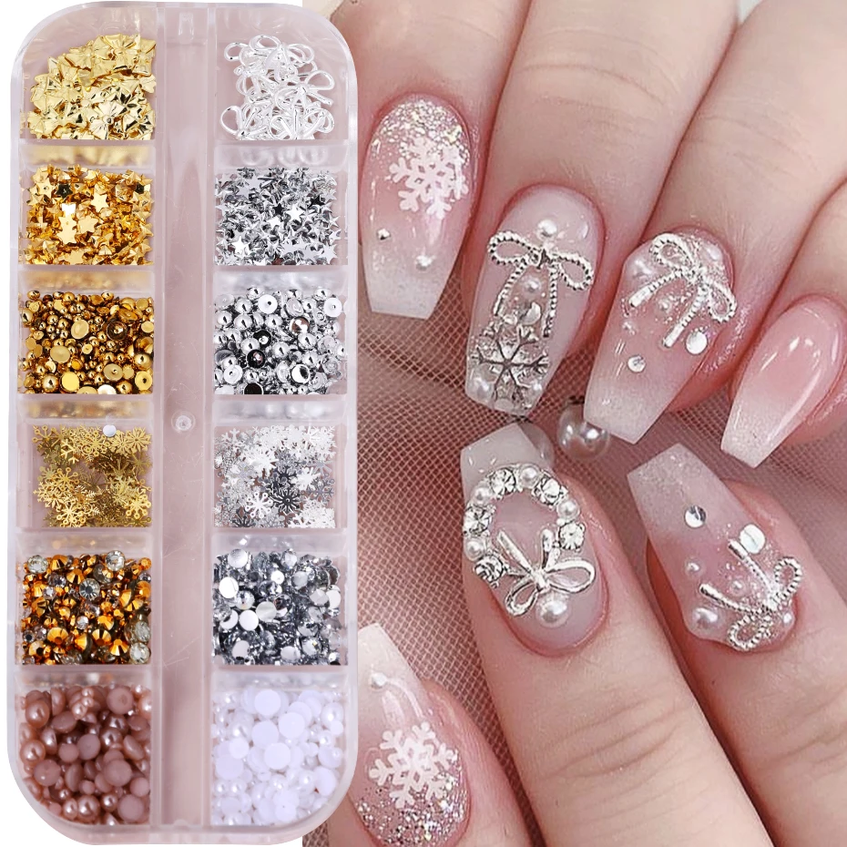 12 Grids Christmas Nail Art Decor Gold Silver Snowflake Star Pearl Bow Rhinestones Nail Charms Jewelry DIY Manicure Accessories